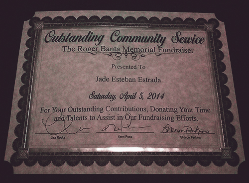 Outstanding Community Service Award given to comedian Jade Esteban Estrada for his performance at the Roger Dean Banta Memorial Fundraiser in April 2014.
